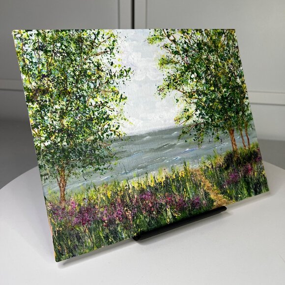 Original 8"x10" Acrylic Coastal Landscape Painting "Trees By The Sea" - Picture 3 of 7